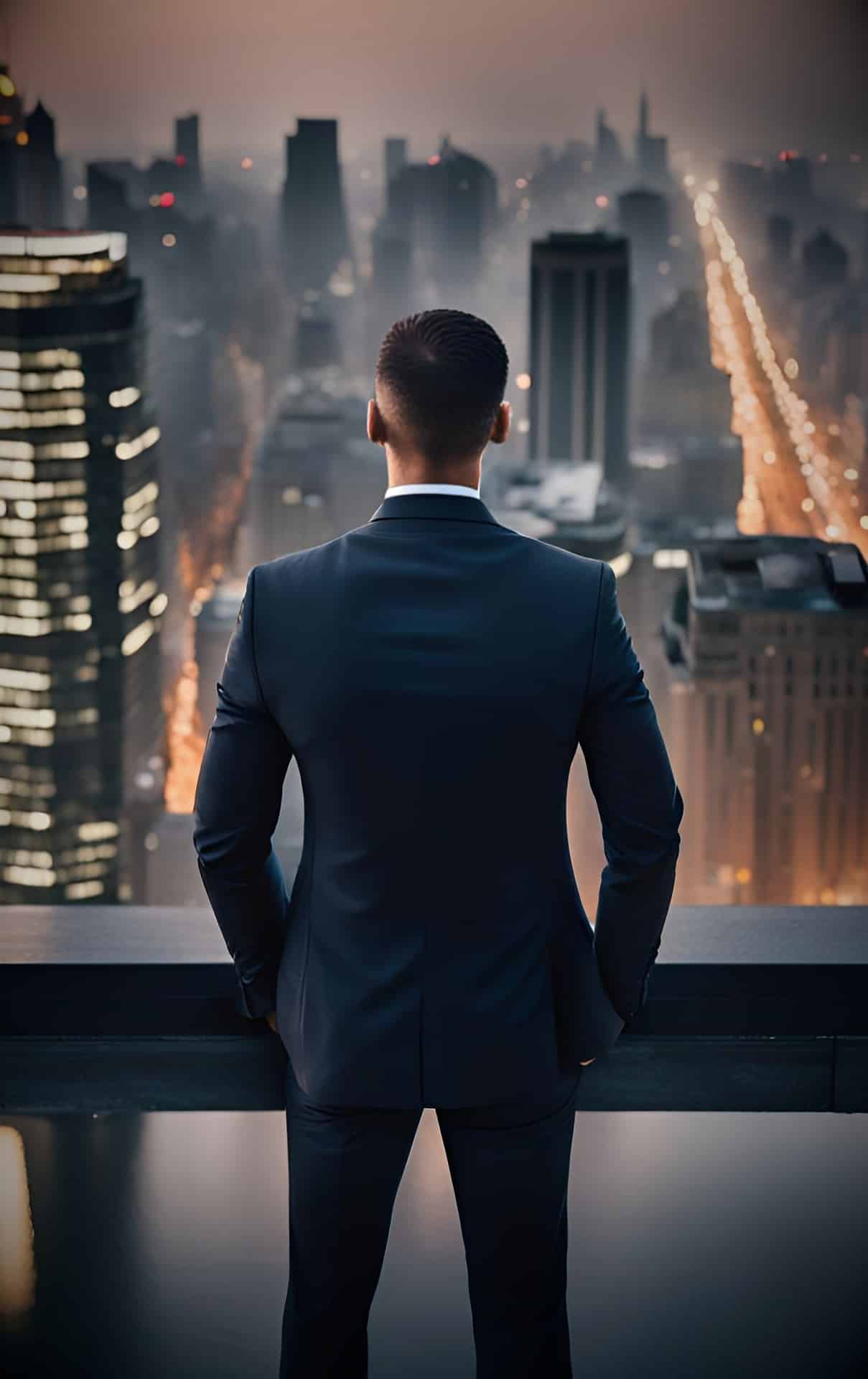 CEO stands looking out on a major city